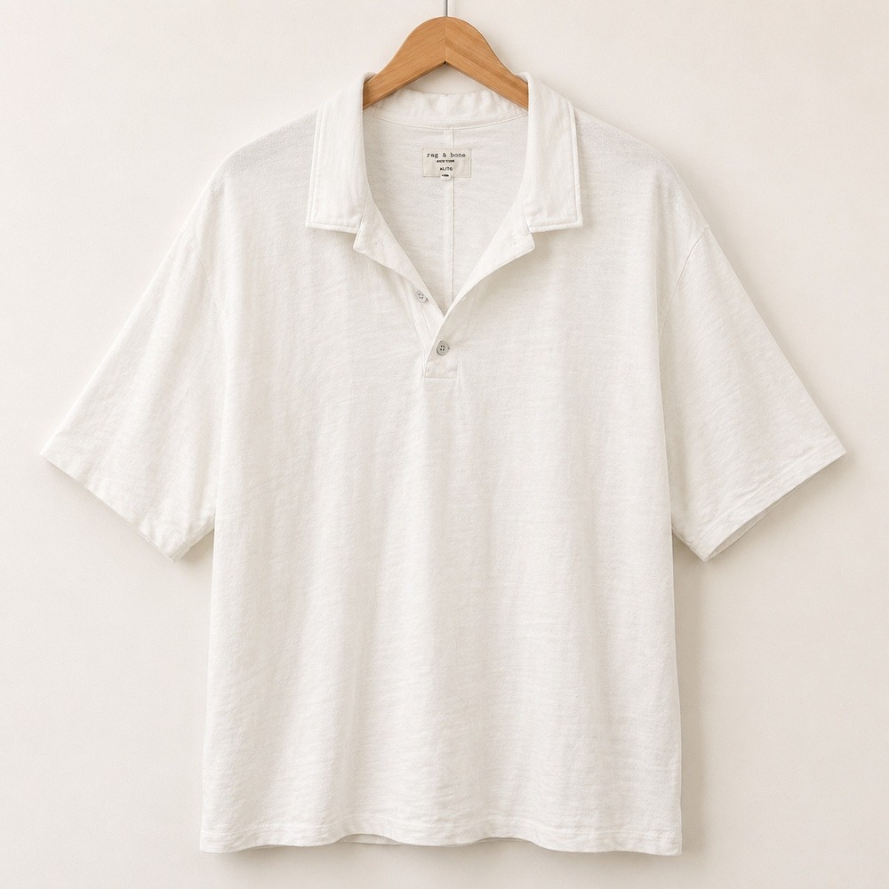 Rag & Bone Old Money Polo Shirt Mens XXL White Slub Knit Quiet Luxury Minimalist